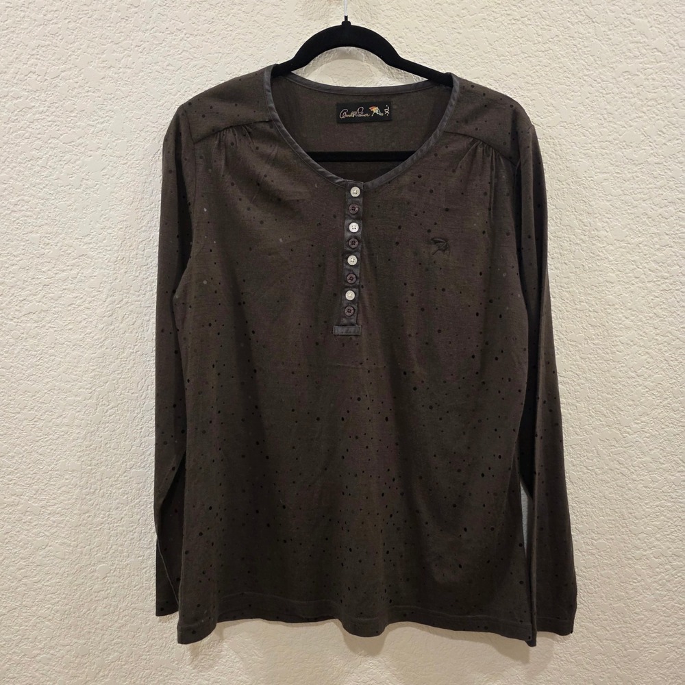 Arnold Palmer Sequin Henley Long Sleeve Top Women XL Brown Burnout Polka Dot